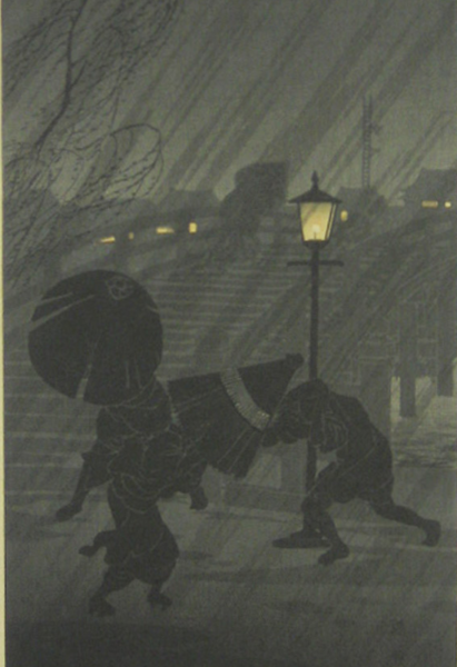 Takahashi Shōtei (高橋松亭), Japanese, 1871–1945, Sudden Rain, c. 1936, color woodcut on paper. Image curtesy of Joslyn Art Museum